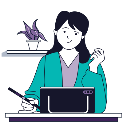 Illustration of a StoryBrand Certified Guide working on her brand messaging, holding a pen and working on a tablet, with a plant on a shelf in the background.