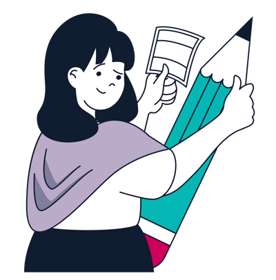 Illustration of a StoryBrand guide holding a large pencil and a sheet of paper, smiling and preparing to work on her brand messaging.