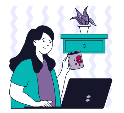 Illustration of a StoryBrand guide holding a cup of coffee and working on a laptop, smiling and crafting her brand messaging.