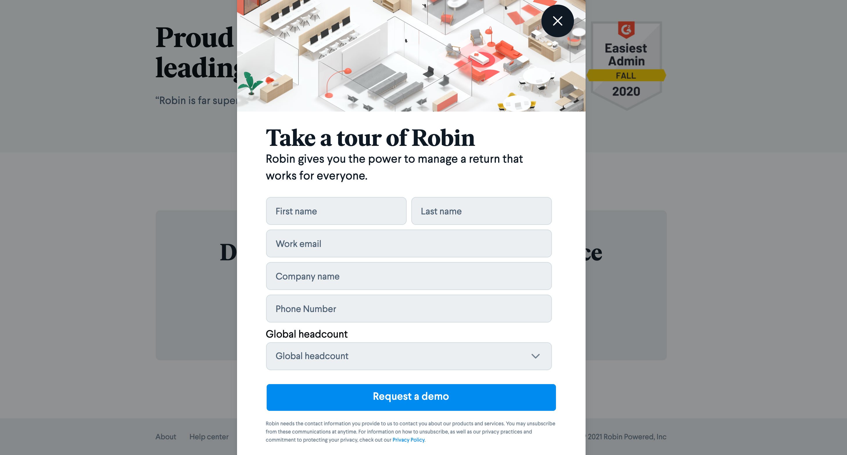 Form Robin Examples Robin: 'Request a Demo' Landing Page