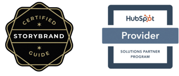 Certified StoryBrand Guide badge and HubSpot Provider badge showcasing expertise in website development and marketing