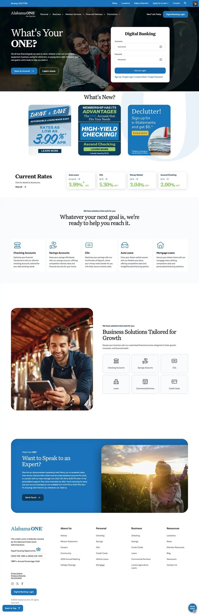 Full-page screenshot of the website we designed and developed for Alabama One Credit Union using HubSpot CMS Content Hub, featuring a modern layout and optimized for SEO