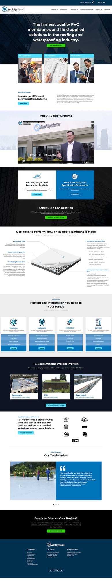 Full-page screenshot of the website we designed and developed for IB Roof Systems using HubSpot CMS Content Hub, featuring a modern layout and optimized for SEO