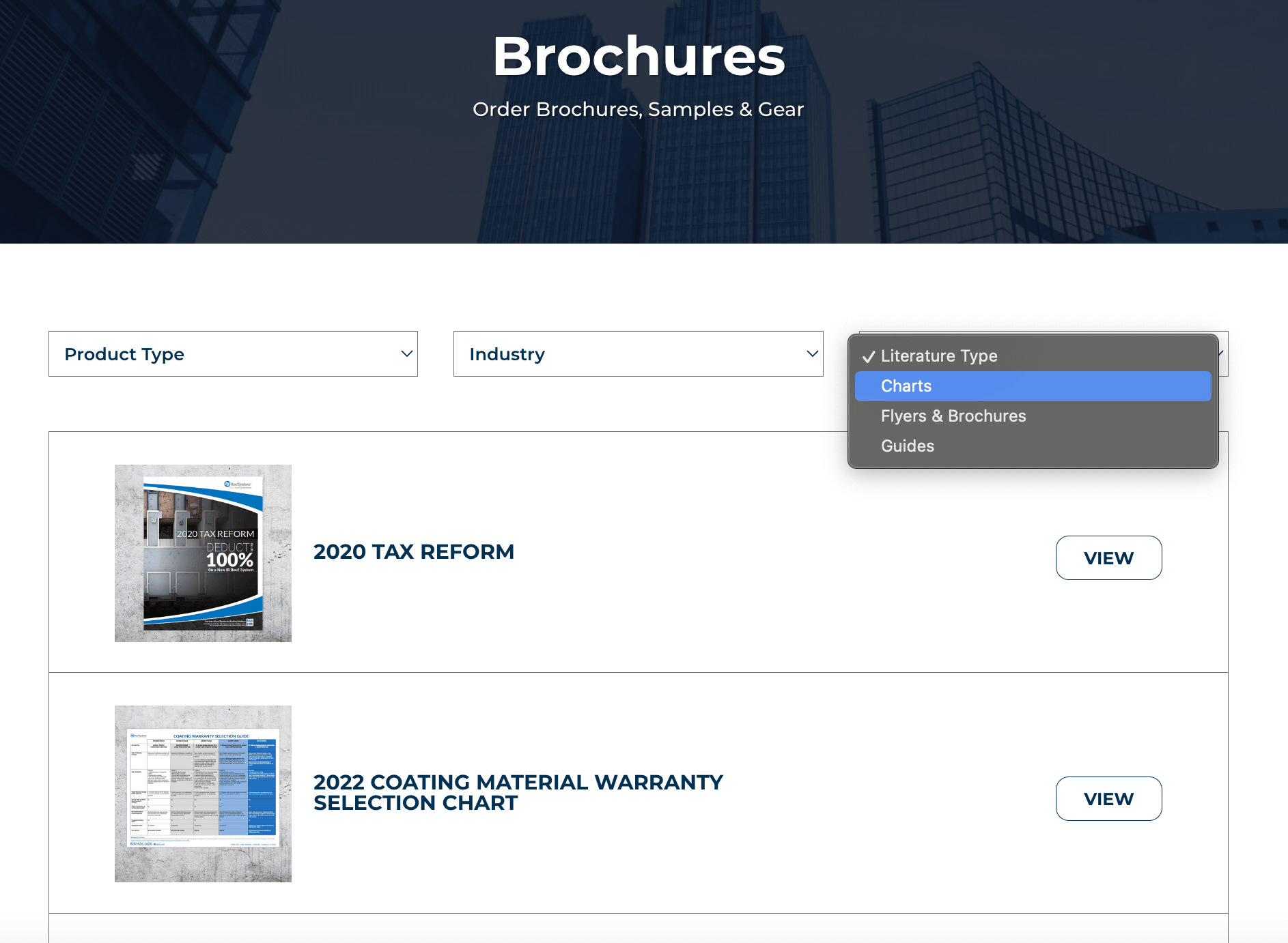 screenshot of IB Rroof brochure page showing filter functionality